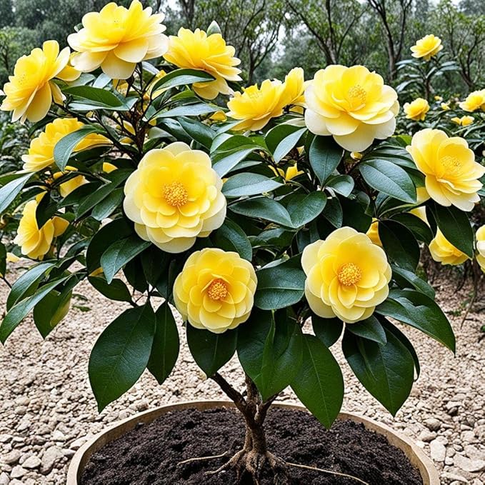Plant Exotic Very Beautiful Yellow camellia flower live plant,Gardens Outdoors flower plant,Very Beautiful Camellia Japonica Kamiliya Flower (Queen of Winter) Live Pant Original Variety.